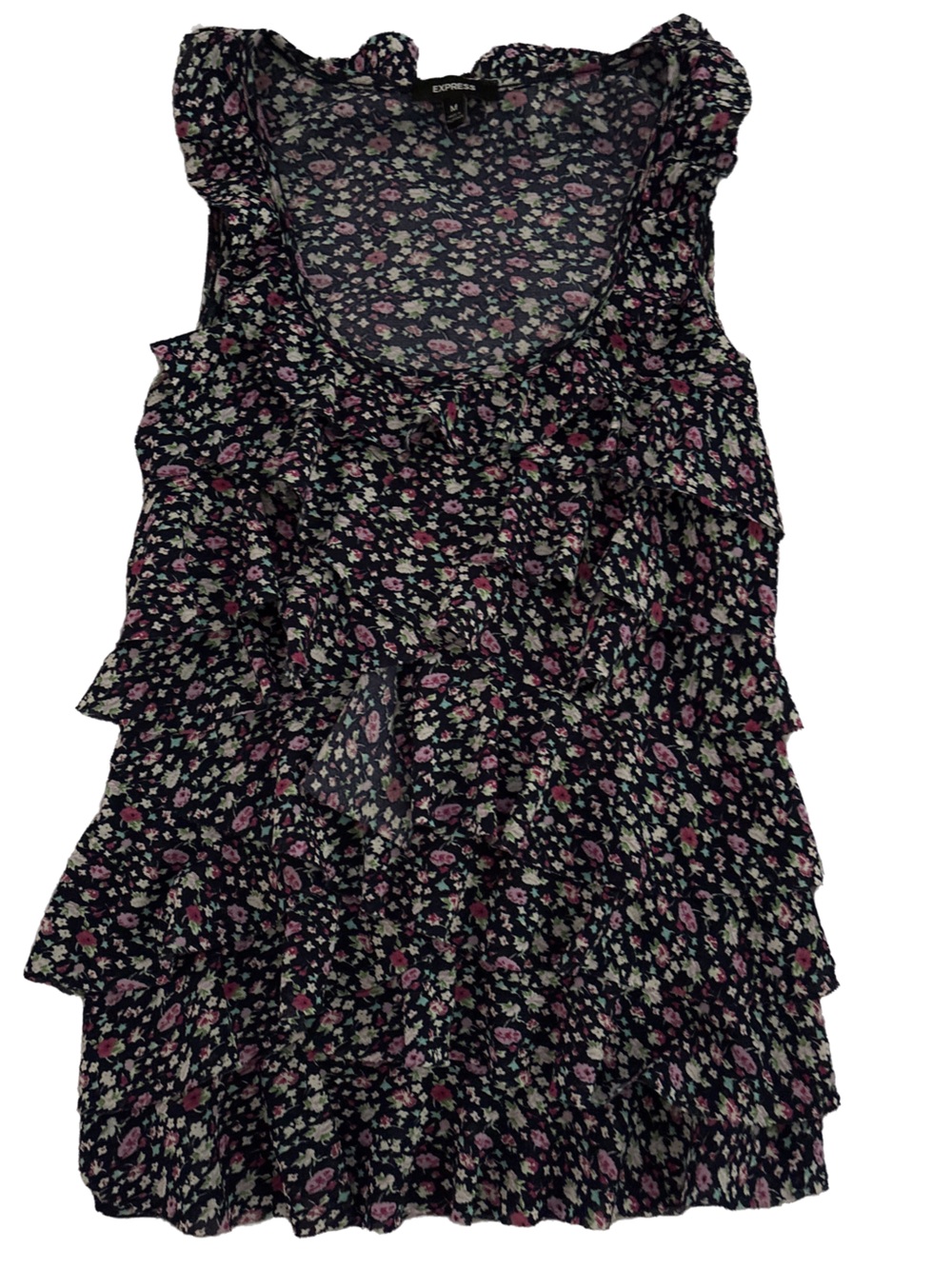 Express Navy Blue Floral Ruffle Blouse with Pink & Cream Accents